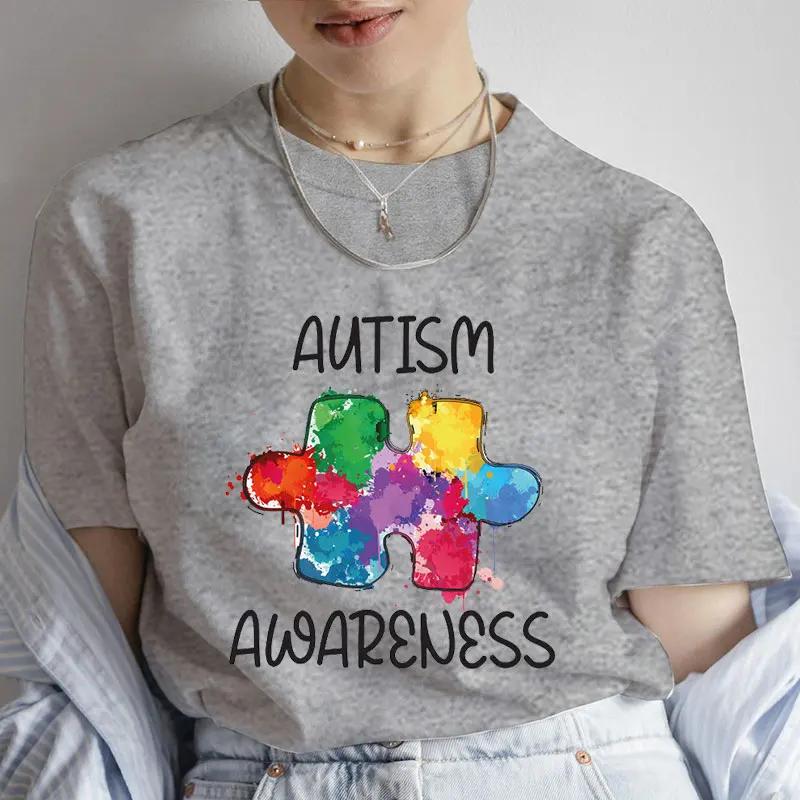 여성용 자폐증 인식 티셔츠, 미적 오버사이즈 의류, 하라주쿠 자폐증 지지대, Y2k 그래픽 프린트 상의, 반팔 티